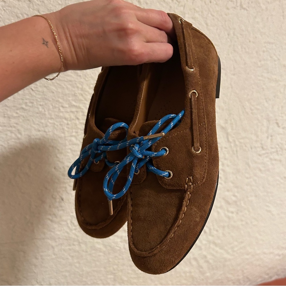 Men's Brown Suede Boat Shoes with Blue Laces